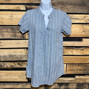 YAK& YETI Tunic Dress‎ Women's M Gingham Embroidered Floral V- Neck S/S Blue